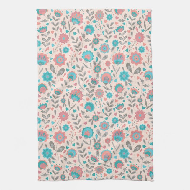Linge De Cuisine Motif floral d'art populaire turquoise et de (Vertical)
