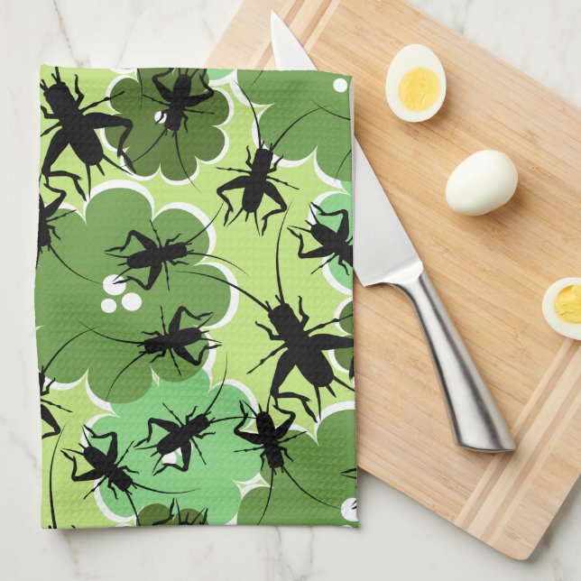 Linge De Cuisine Motif floral de cricket vert + noir (Quart Plié)