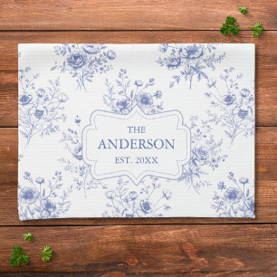 Linge De Cuisine Motif floral de fleurs bleues classiques monogramm