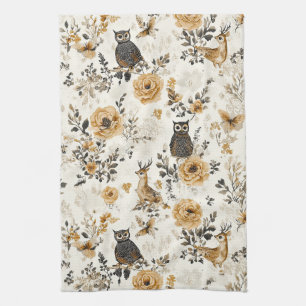 Linge De Cuisine Motif floral de hibou beige de campagne française