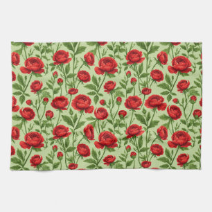 Linge De Cuisine Motif floral de renoncule rouge vibrant