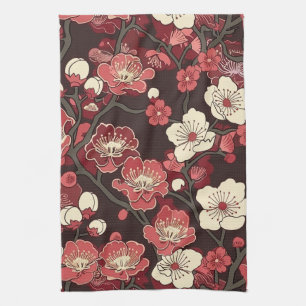 Linge De Cuisine Motif floral de sakura bordeaux foncé et de fleurs