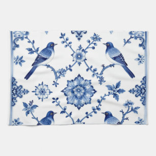 Linge De Cuisine Motif floral d'oiseaux en chinoiserie bleue