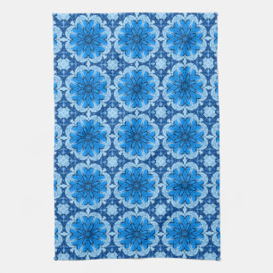 Linge De Cuisine Motif floral géométrique aux nuances de bleu denim