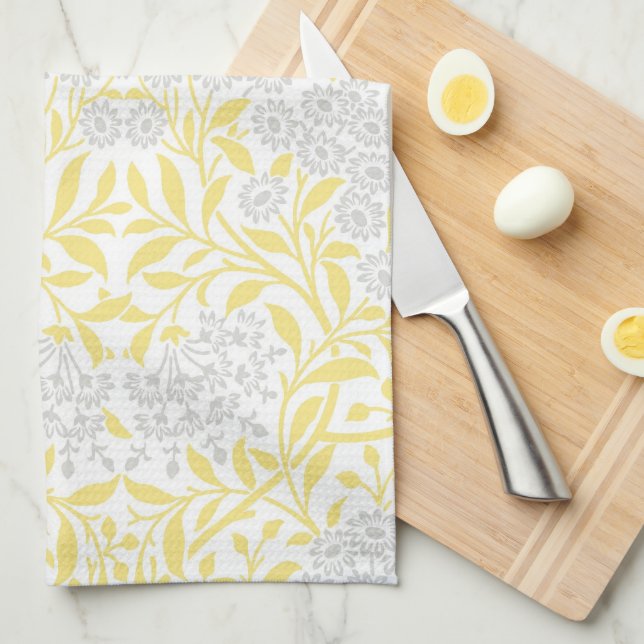 Linge De Cuisine Motif floral gris jaune de damassé (Quart Plié)