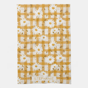 Linge De Cuisine Motif floral marguerrier blanc sur En vichy jaune 