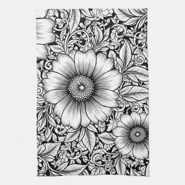 Linge De Cuisine Motif floral monochrome chic de luxe (7) (Vertical)