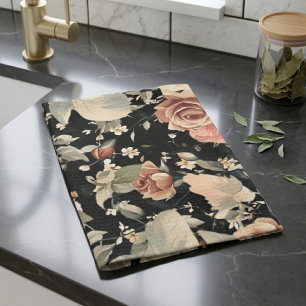 Linge De Cuisine Motif floral noir moderne élégant