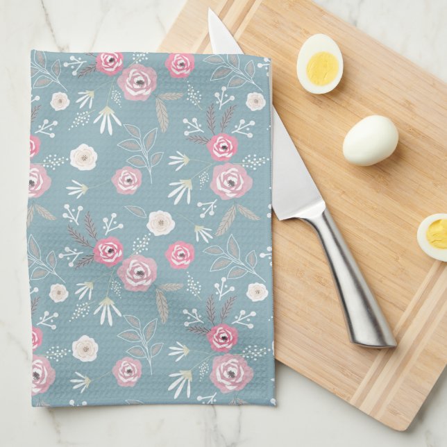 Linge De Cuisine Motif floral rétro. (Quart Plié)