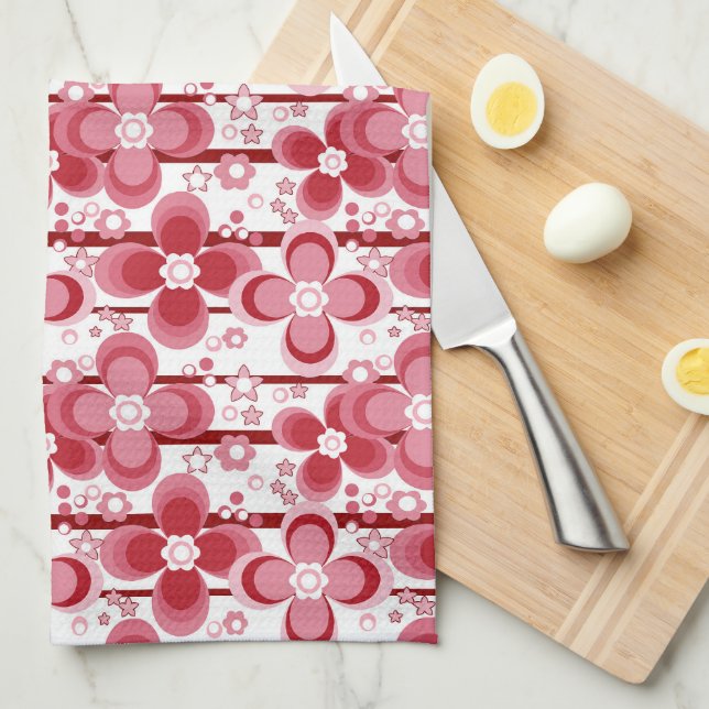 Linge De Cuisine Motif floral rouge et blanc (Quart Plié)