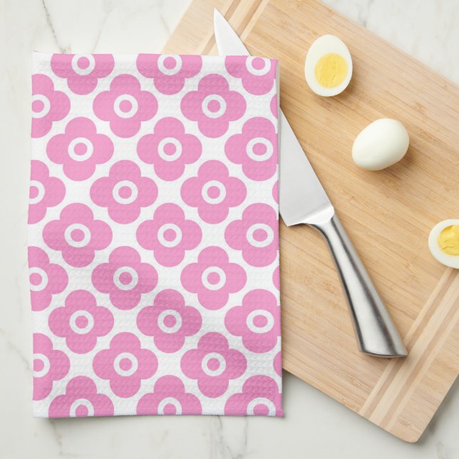 Linge De Cuisine Motif floral simple rose et blanc (Quart Plié)