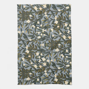 Linge De Cuisine Motif floral sur fond bleu-gris poussiéreux