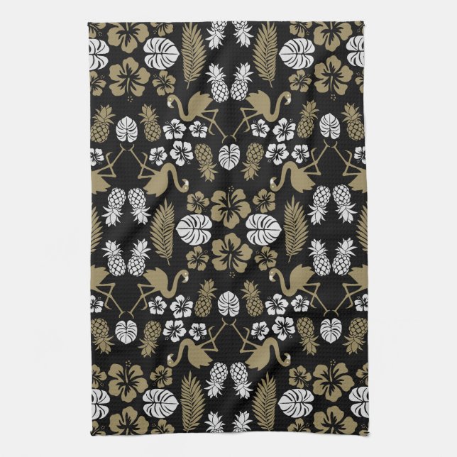 Linge De Cuisine Motif floral tropical doré (Vertical)