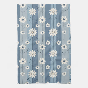 Linge De Cuisine Motif floral vintage à marguerite à rayure bleue