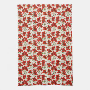 Linge De Cuisine Motif floral vintage rouge coquelicot Art botaniqu