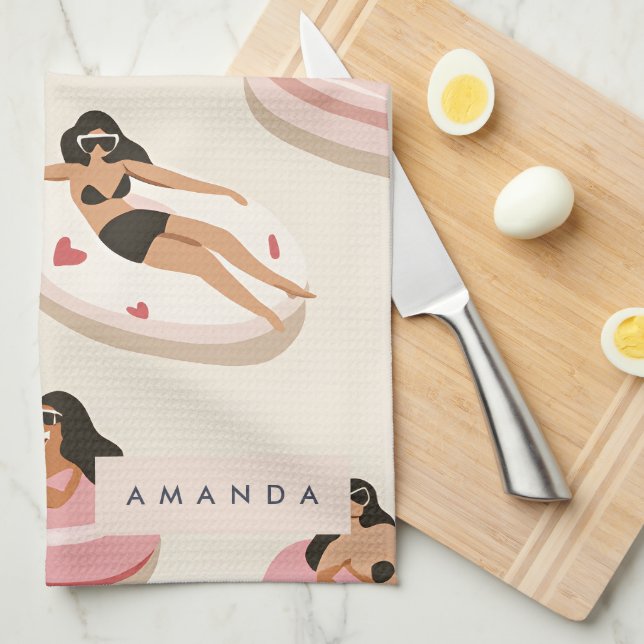 Linge De Cuisine Motif flottant de piscine d'été personnalisé Monog (Quart Plié)