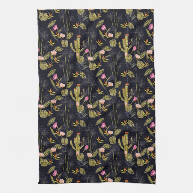 Linge De Cuisine Motif foncé de cactus de nuit d'été du monogramme (Vertical)
