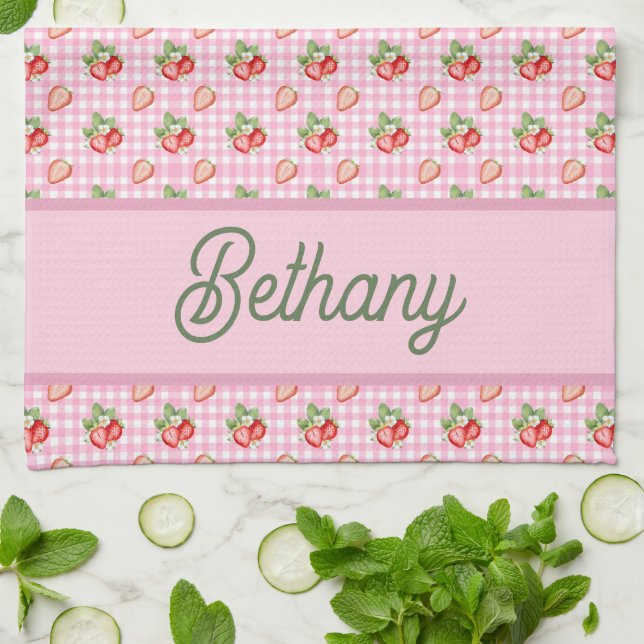 Linge De Cuisine Motif fraise à carreaux gingham rose (Plié)