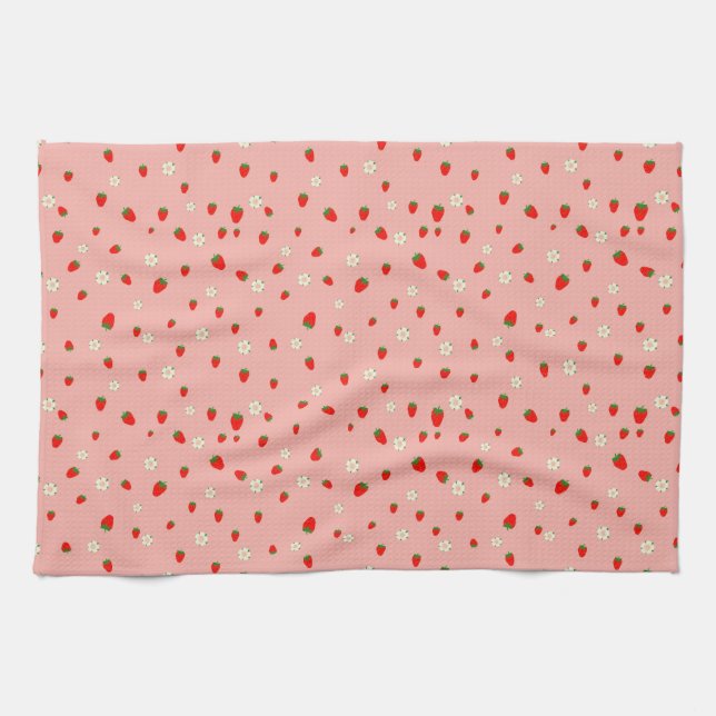 Linge De Cuisine Motif Fraises et Fleurs (Horizontal)