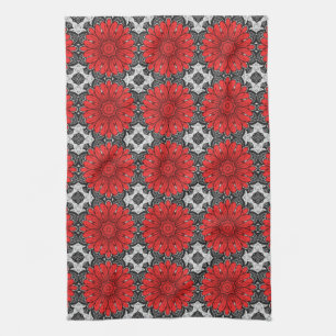 Linge De Cuisine Motif géométrique de marguerite en rouge, noir et