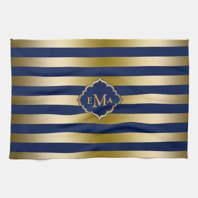 Linge De Cuisine Motif géométrique des bandes d'or monogrammes (Horizontal)