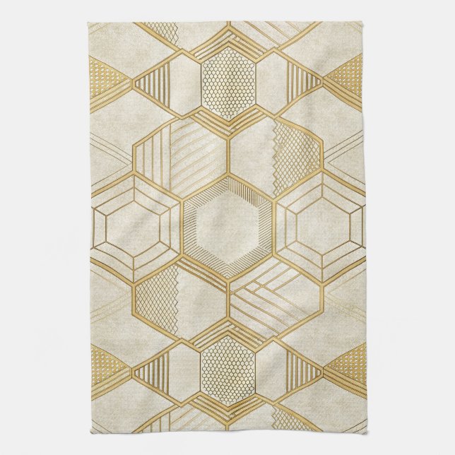 Linge De Cuisine Motif géométrique en marbre crème à hexagone doré (Vertical)