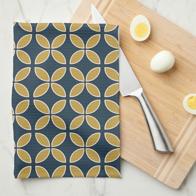 Linge De Cuisine Motif Géométrique Rétro Navy, Moutarde (Quart Plié)