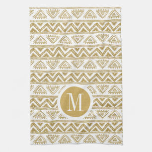 Linge De Cuisine Motif géométrique tribal or et blanc