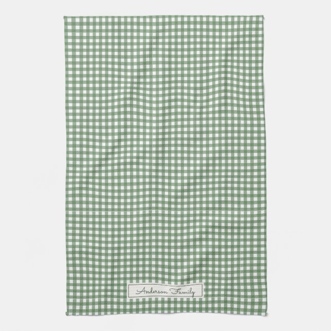 Linge De Cuisine Motif Gingham Vert avec Nom (Vertical)