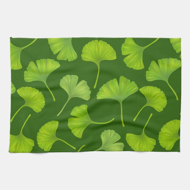 Linge De Cuisine Motif Ginkgo sur vert foncé (Horizontal)