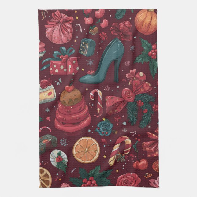 Linge De Cuisine Motif Glamour de Noël Coquette Rouge (Vertical)