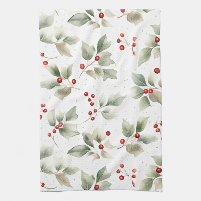 Linge De Cuisine Motif Green Holly et Red Berries (Vertical)