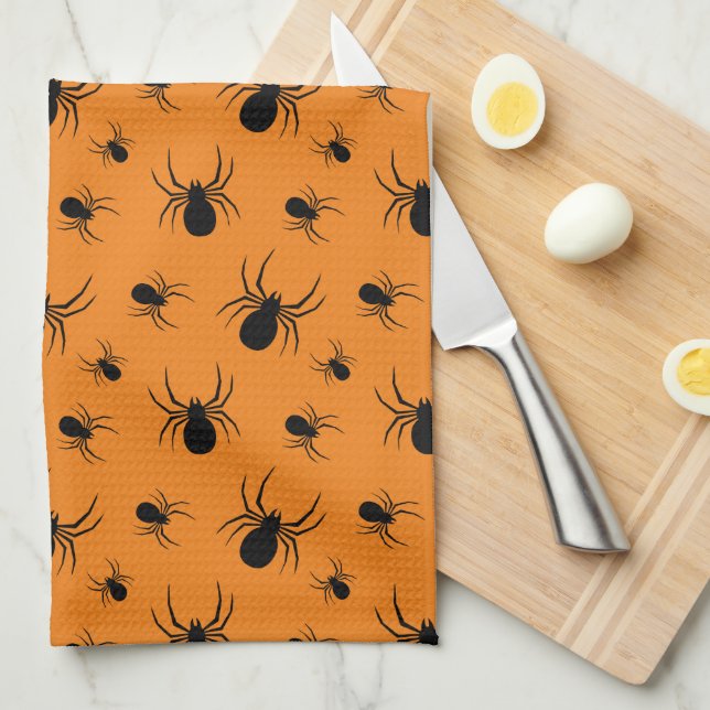 Linge De Cuisine Motif Halloween araignées Noir et Orange (Quart Plié)