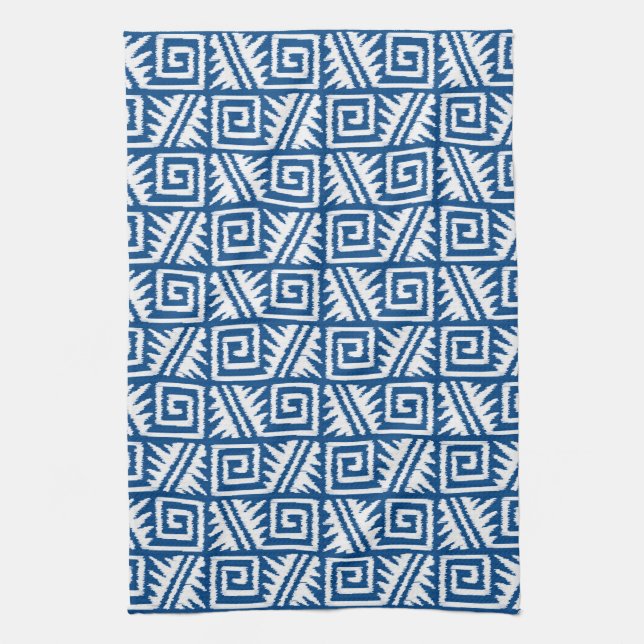 Linge De Cuisine Motif Ikat Aztec - Bleu Cobalt et Blanc (Vertical)
