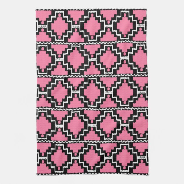Linge De Cuisine Motif Ikat Aztec - Fuchsia rose, noir et blanc (Vertical)