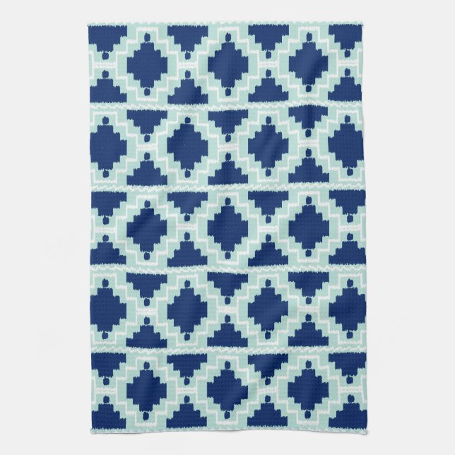 Linge De Cuisine Motif Ikat Aztec - Indigo et bleu clair (Vertical)