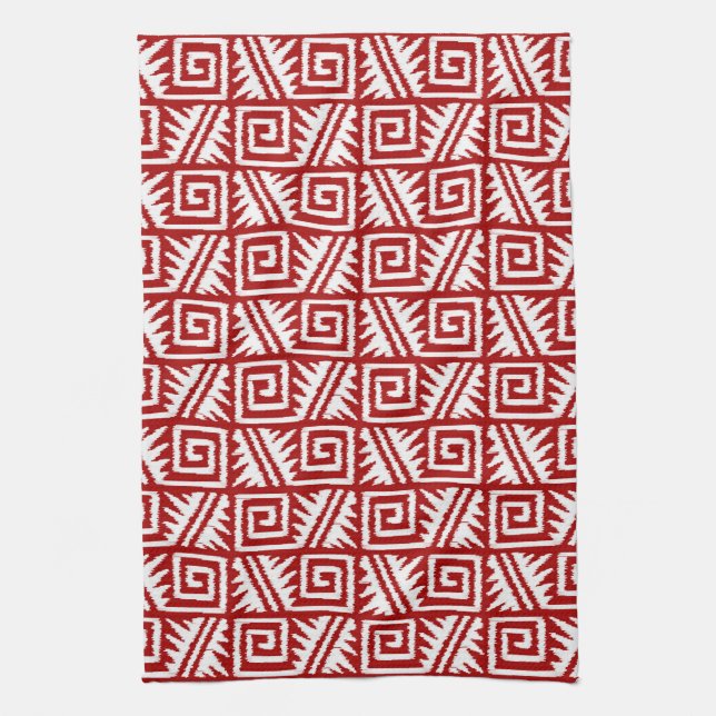 Linge De Cuisine Motif Ikat Aztec - Rouge foncé et blanc (Vertical)