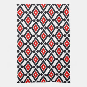 Linge De Cuisine Motif Ikat - Rouge foncé, noir et blanc
