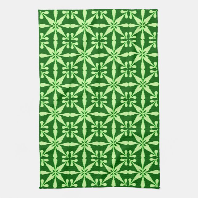 Linge De Cuisine Motif Ikat Star, chaux et vert foncé (Vertical)