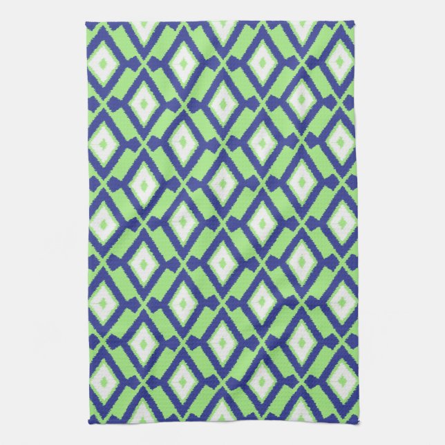 Linge De Cuisine Motif Ikat - Vert, Indigo Bleu et Blanc (Vertical)
