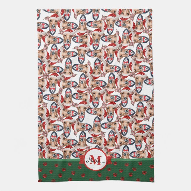 Linge De Cuisine Motif italien Greyhound Monogram Christmas Chien (Vertical)