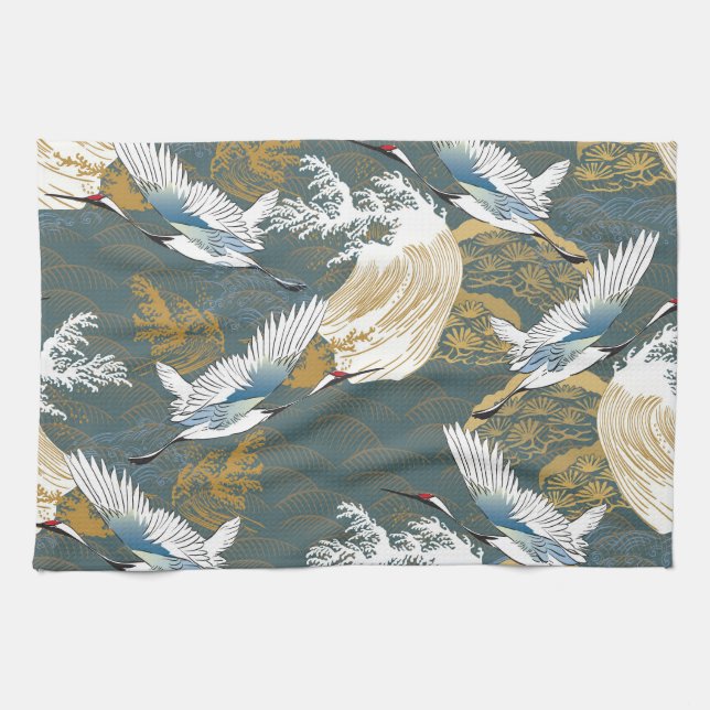 Linge De Cuisine Motif japonais Vintage Crane Birds (Horizontal)