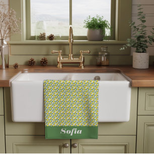 Linge De Cuisine Motif jaune citron nom personnalisé blanc