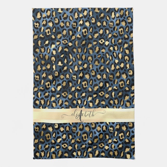 Linge De Cuisine Motif léopard bleu or monogramme (Vertical)