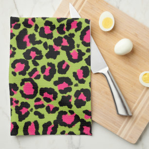 Linge De Cuisine Motif léopard en framboise sur fond vert citron