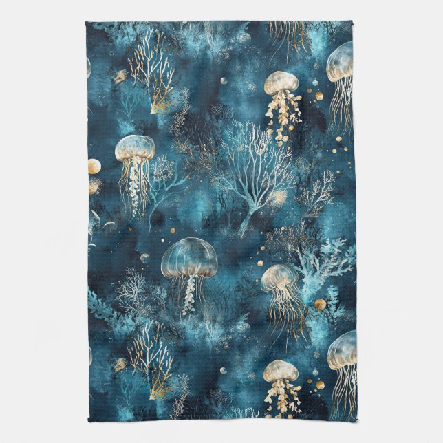Linge De Cuisine Motif Lux Ocean Jellyfish & Coral Or (Vertical)