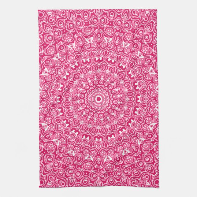 Linge De Cuisine Motif Mandala Rose Chaud et Blanc (Vertical)