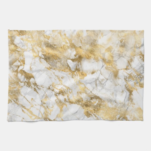 Linge De Cuisine Motif Marbre Blanc et Or Moderne (Horizontal)