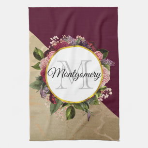 Linge De Cuisine Motif Marbre Doré et Monogramme Fleurs Bourguignon