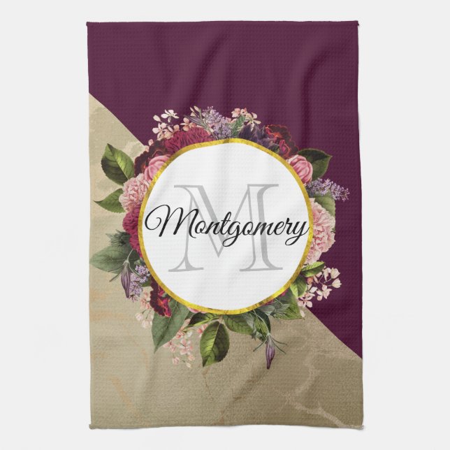 Linge De Cuisine Motif Marbre Doré et Monogramme Fleurs Bourguignon (Vertical)